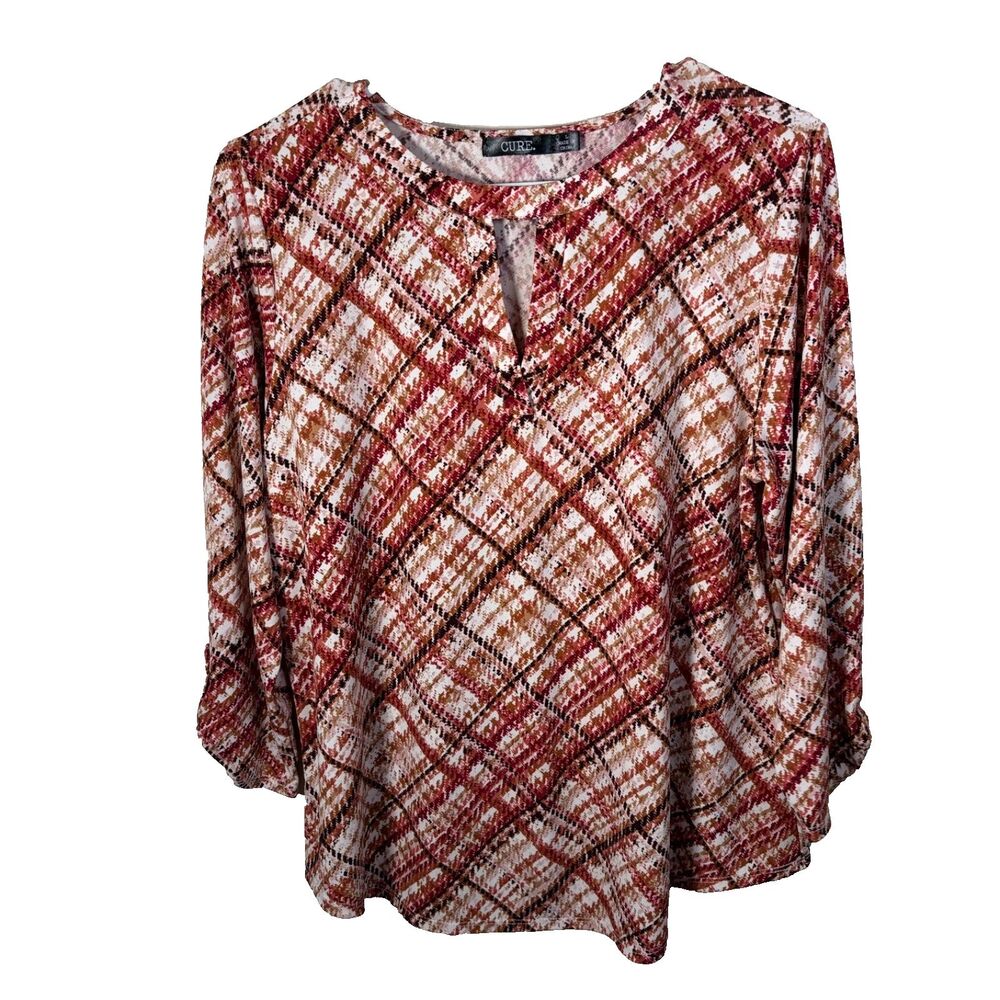 CURE. Blouse Women's Large Keyhole 3/4 Sleeve Printed Casual Top Shirt
